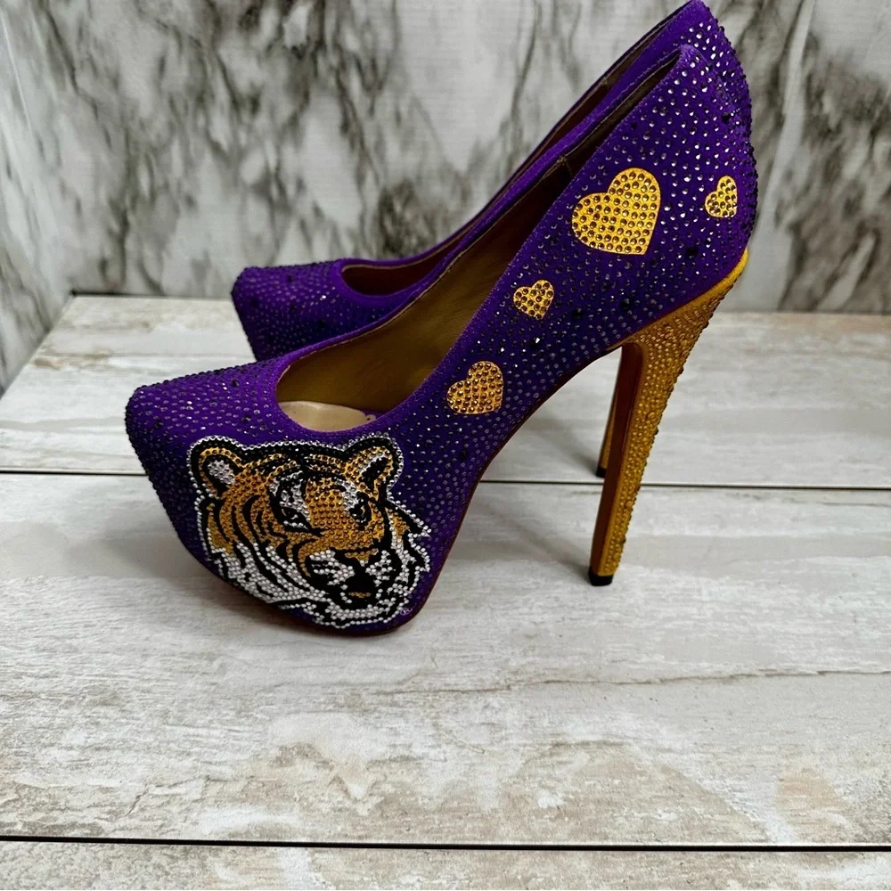 Herstar Women Sz 9 LSU Tigers Crystal Heels Pumps Shoes Purple Gold Glitter Glam